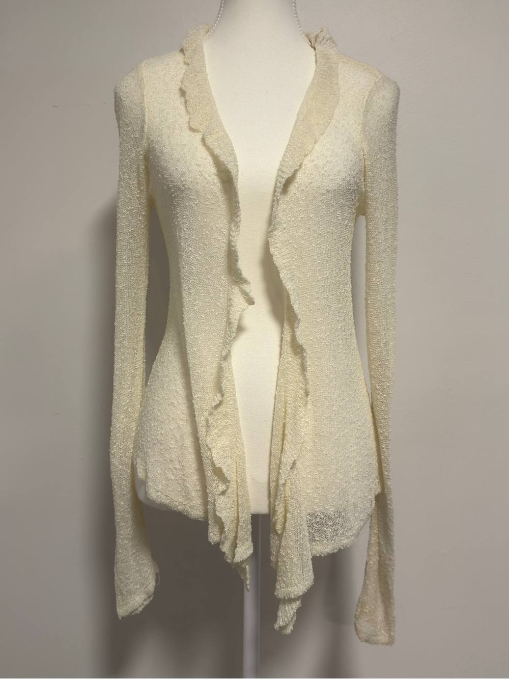Lightweight Cream Ruffle-Trim Open Cardigan